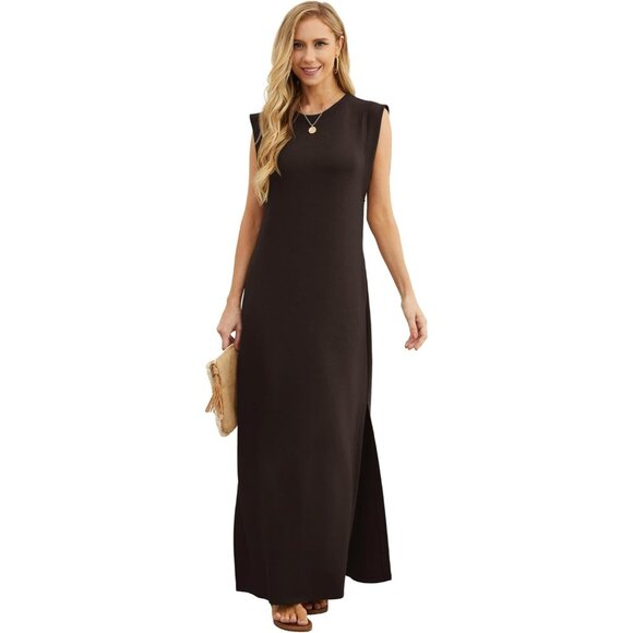 Grecerelle Women Dark Coffee Round Neck Loose Split Wrinkle-Free Long Maxi Dress - Picture 6 of 6